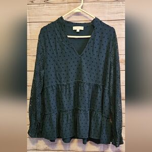 NWOT Swiss-Dot teal XL tunic,empire waist. Lace sleeves.v neck
